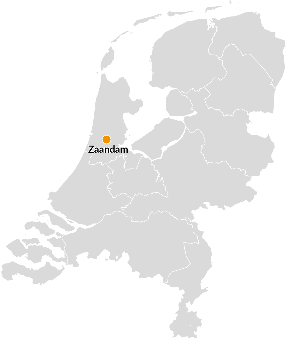 Zaandam aangeduid op de landkaart van Nederland