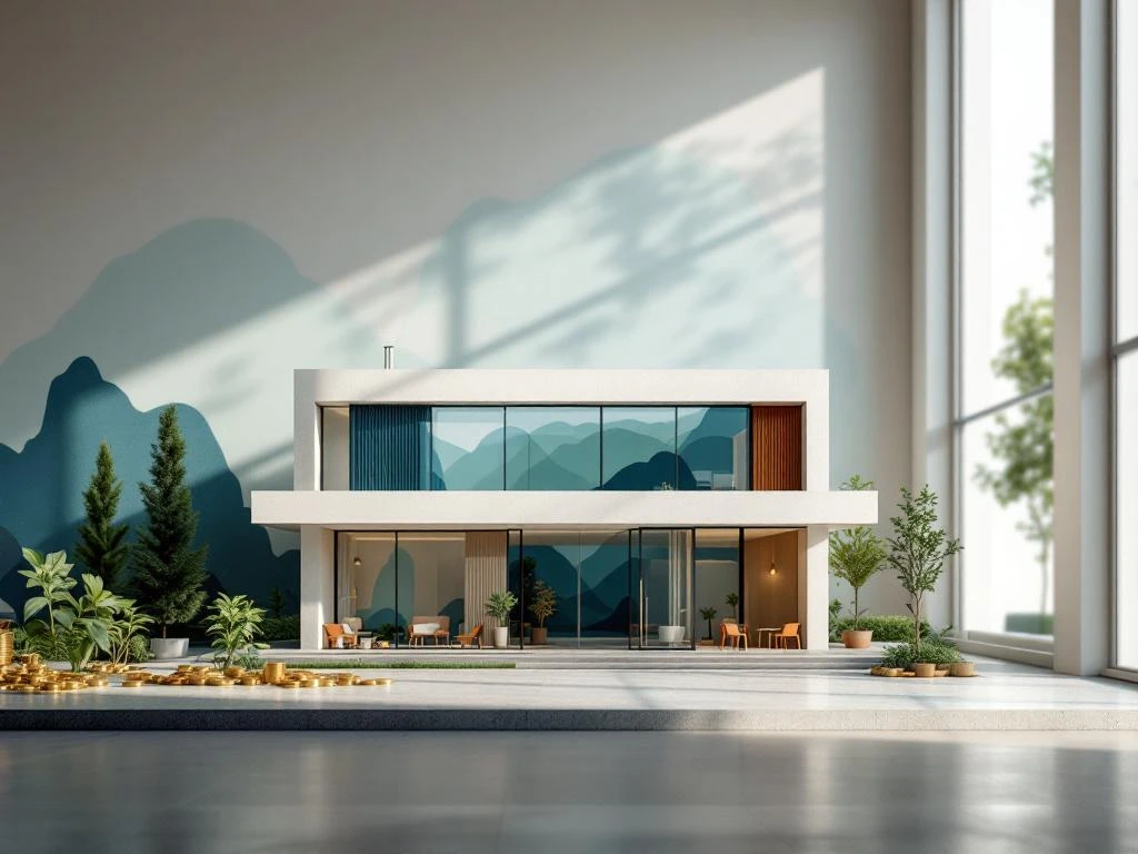 Moderne zorgwoning met toegankelijke entree, omringd door investeringssymbolen zoals stijgende graadmeter en gouden munten die financiële stabiliteit tonen.